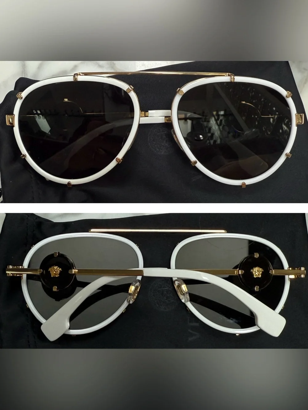 Versace White/Gold Metal Aviator pilot Sunglasses with dramatic logo on temples